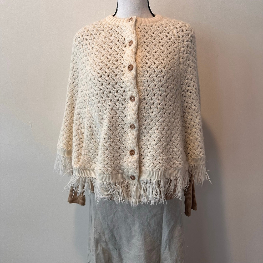 Vintage 1970s Ivory Knit Cape Cardigan Fringe Boho Style | May Knitting Co. |